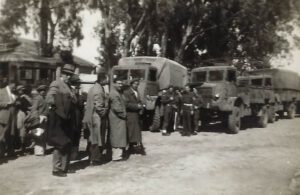 [Left – Jewish convoy rendezvous at café near Athlit. Haganah men on left.]